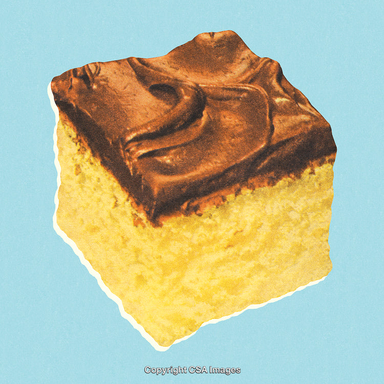 Delicious Slice of Yellow Cake with Smooth Chocolate Frosting on Blue Background