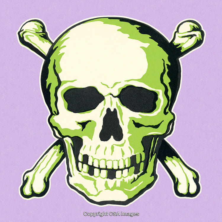 Illustration of a Green Skull and Crossbones on a Purple Background