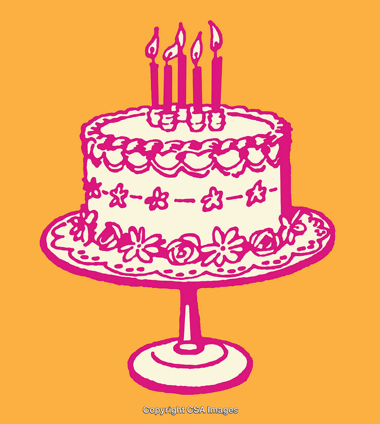 Colorful Illustrated Birthday Cake on Orange Background with Lit Candles