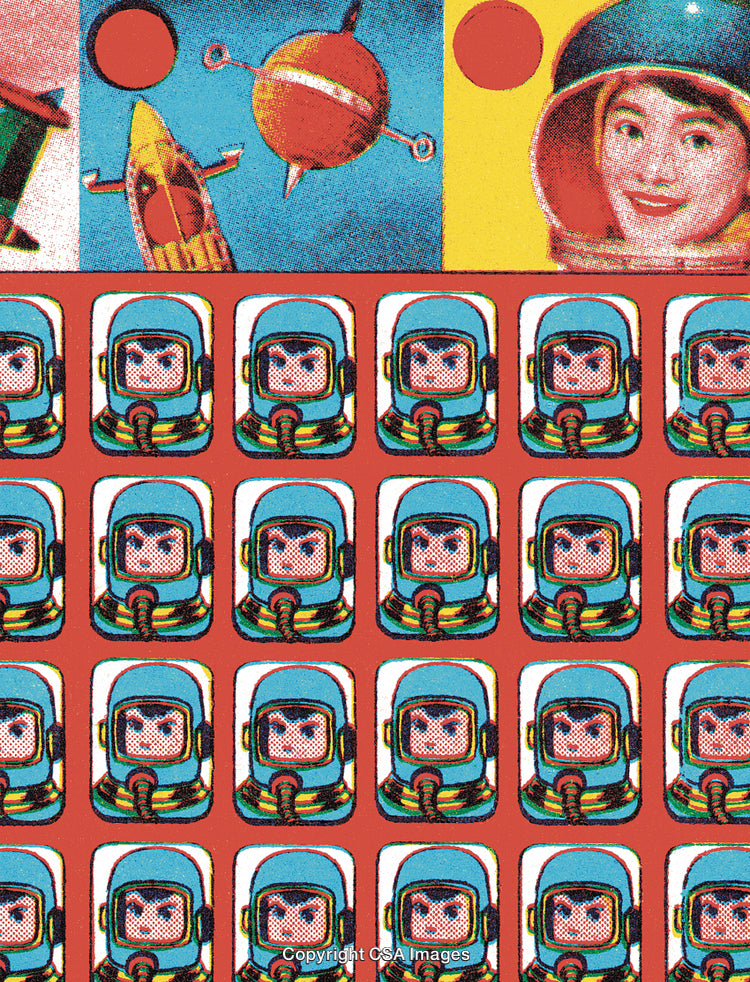 Retro Space-Themed Illustration Featuring Astronauts and Planets in Pop Art Style