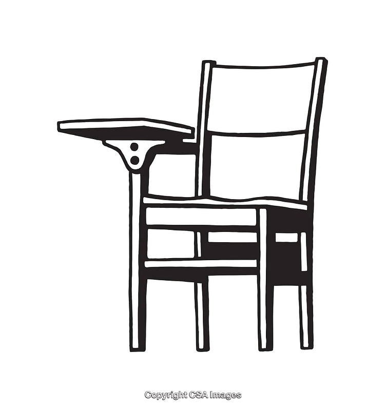 Black and White Line Art of a School Chair with Attached Desk