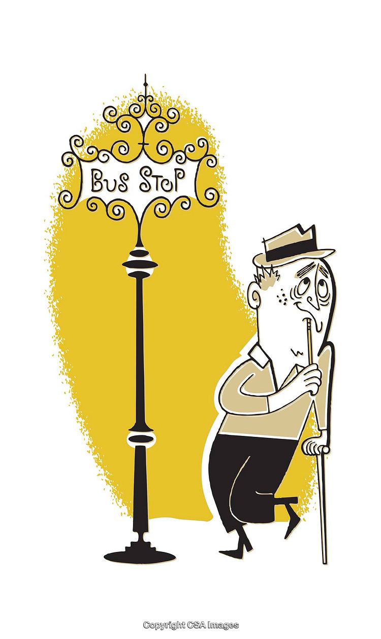 Cartoon Illustration of Man Waiting at Bus Stop with a Decorative Sign