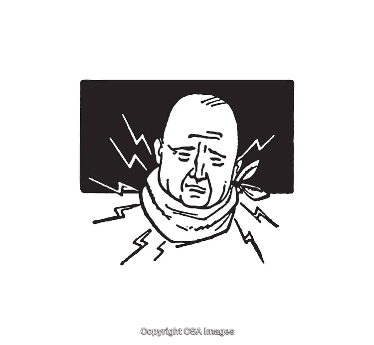 Monochrome Illustration of a Man in Painful Expression with Lightning Bolts