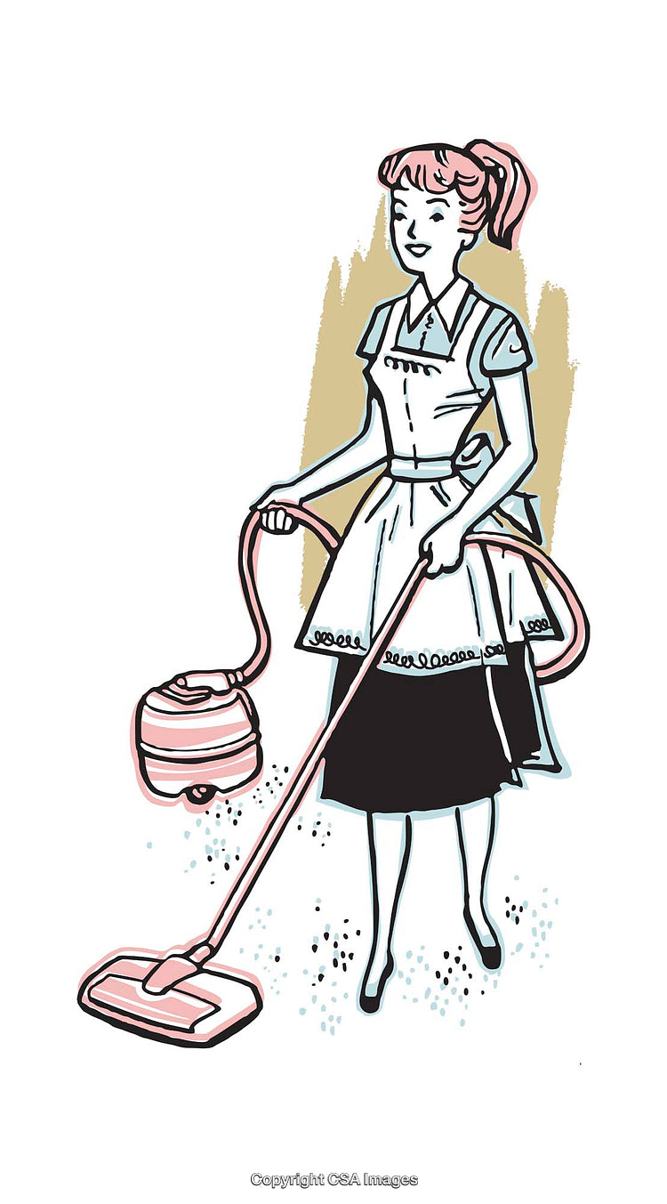 Vintage Illustration of Woman Vacuuming in Retro Style