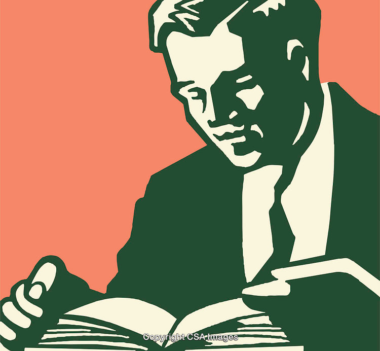 Retro Style Illustration of a Man Reading a Book in Line Art