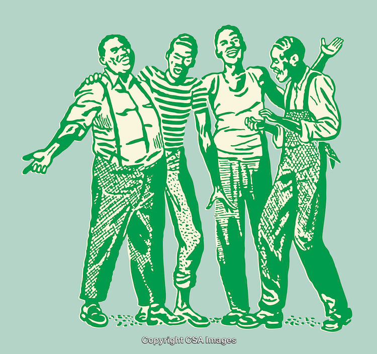 Vintage Style Color Line Art of a Group Singing Together