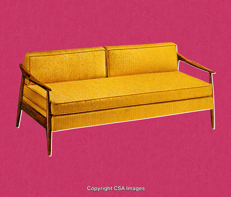 Mid-Century Modern Yellow Sofa Against Bold Pink Textured Background