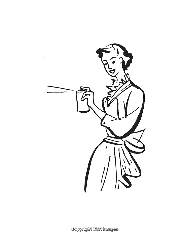 Black and White Retro Line Art of a Woman Using a Spray Bottle