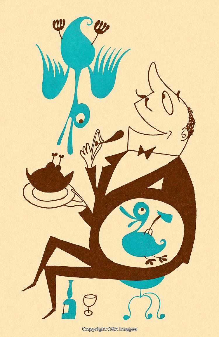 Surreal Illustration of Man and Abstract Animal Elements in Whimsical Style
