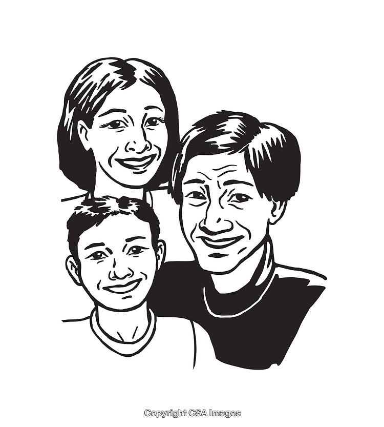 Happy Family Smiling Together in Black and White Line Art Illustration