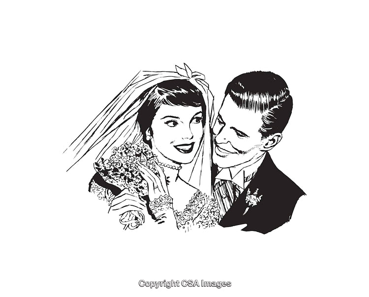 Black And White Line Art Illustration of a Smiling Bride and Groom