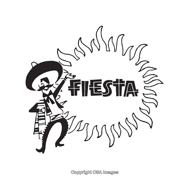 Illustrative Black and White Fiesta Celebration Artwork with Sun and Character