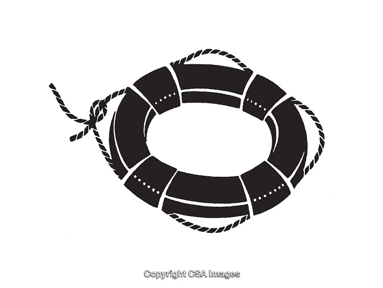 Black and White Line Art of a Lifebuoy with Rope Details