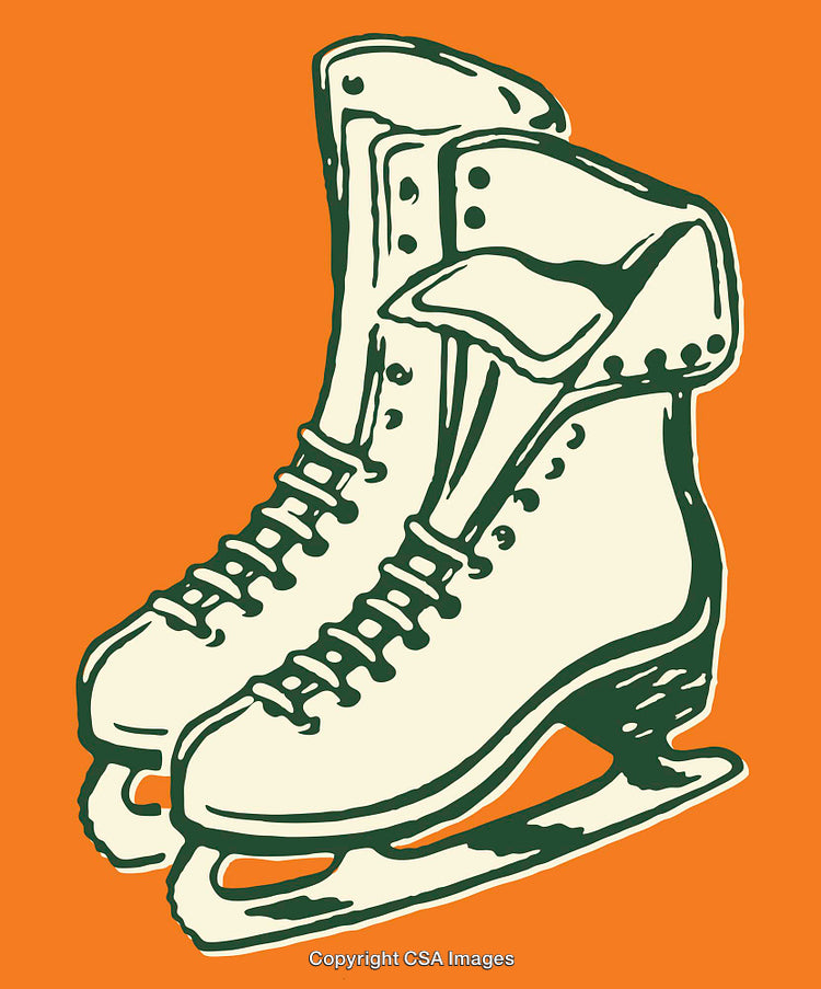 Illustration of Ice Skates on Orange Background in Bold Line Art Style