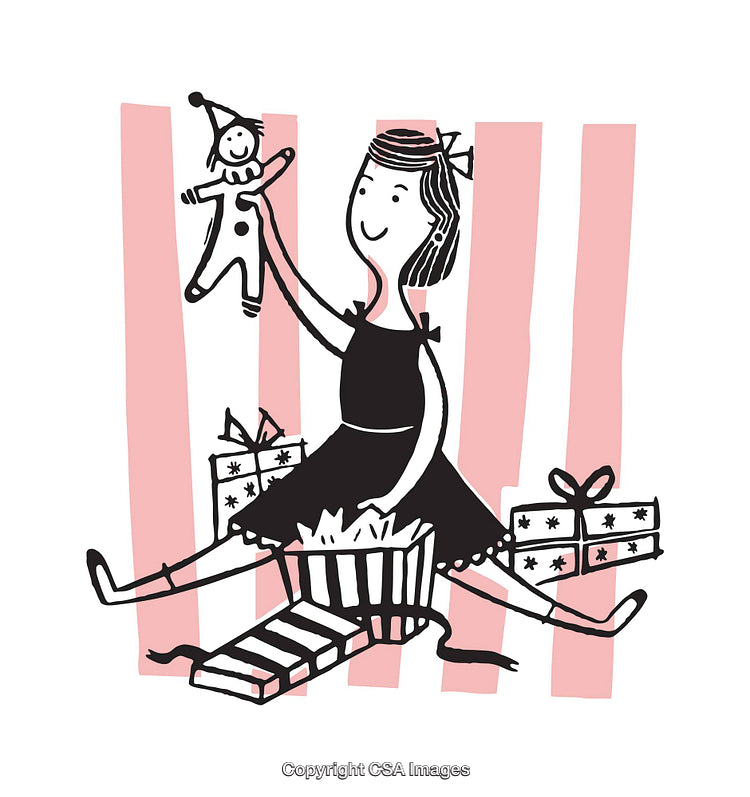 Whimsical Illustration of Girl Opening Gifts with Delight and Happiness