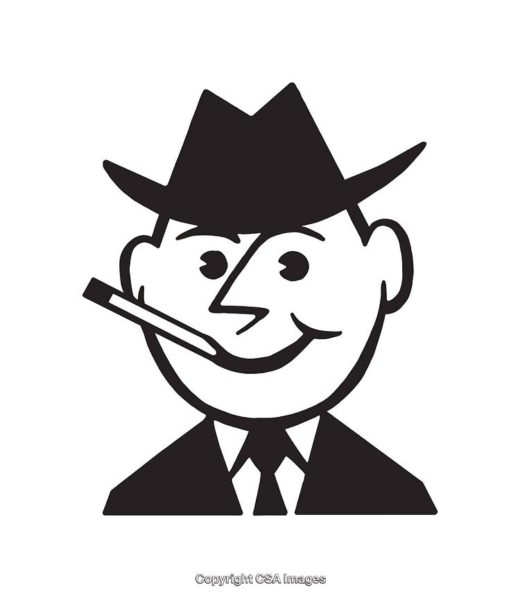 Black and White Illustration of Smiling Man with Hat and Cigar