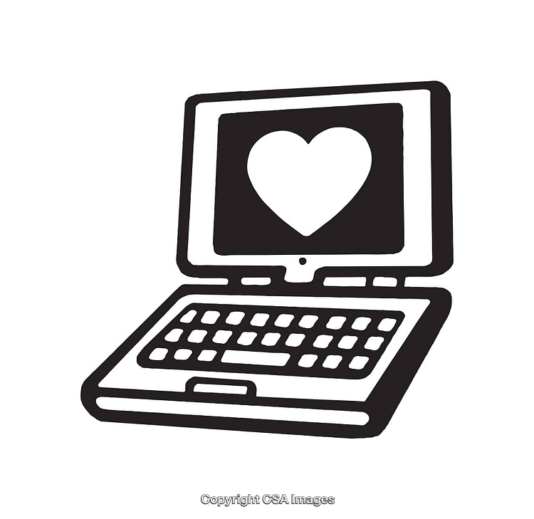 Illustration of Laptop with Heart Symbol on Screen in Black and White