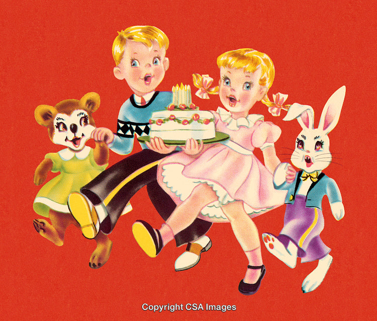 Vintage Illustration of Kids and Animal Friends Celebrating with a Birthday Cake