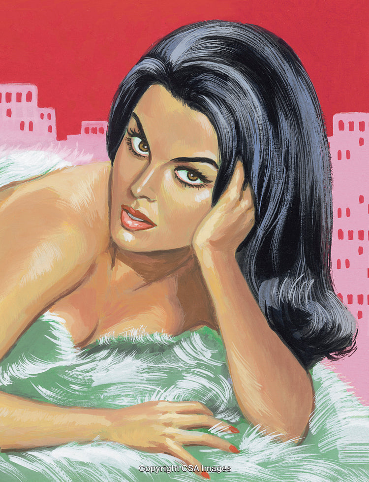 Vintage Illustration of a Glamorous Woman Resting on a Vibrant Bed