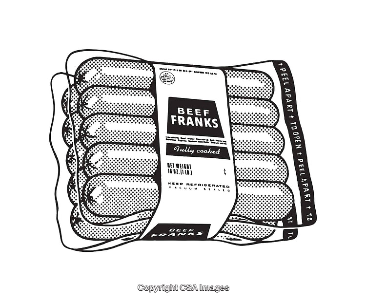 Black and White Illustration of Packaged Beef Frank Sausages
