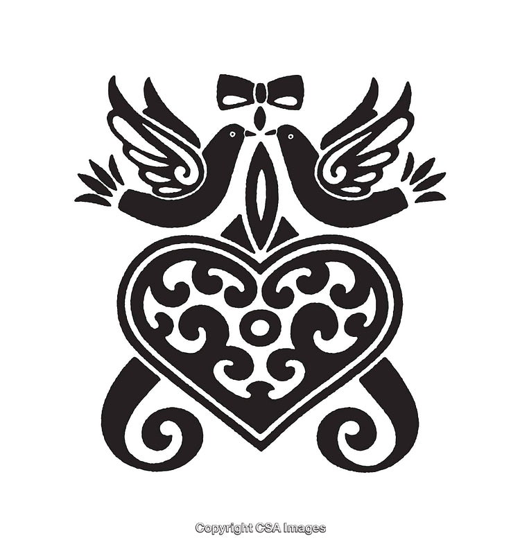 Decorative Black and White Illustration of Two Birds and a Heart