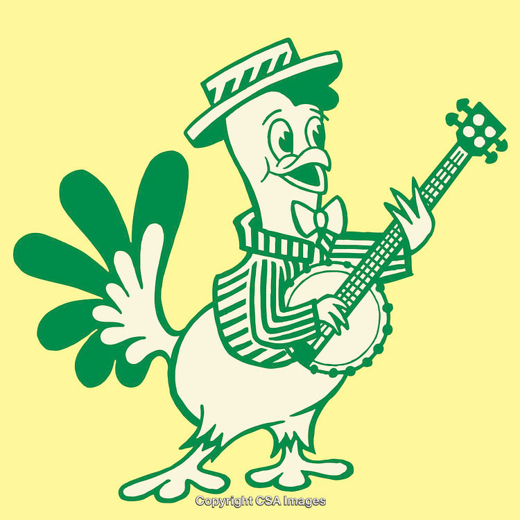 Cheerful Cartoon Rooster Playing Banjo in Classic Southern Attire