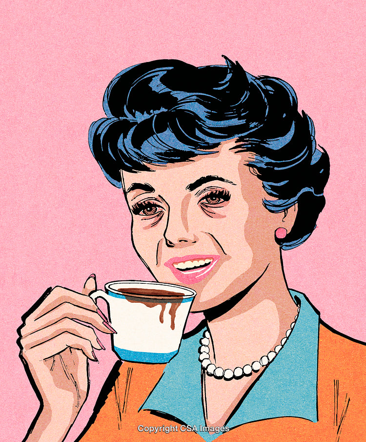 Retro Illustration of a Woman Enjoying a Cup of Coffee on Pastel Background