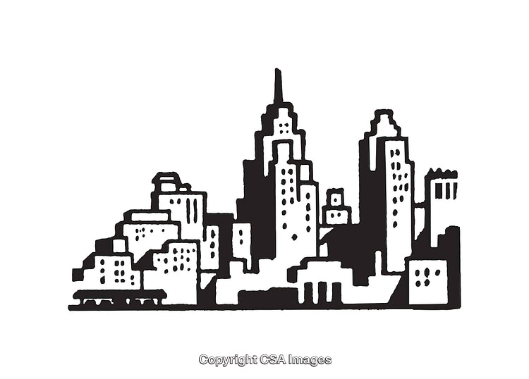 Black and White Line Art Illustration of Urban Skyline Silhouette