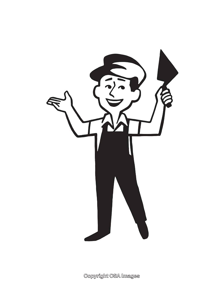 Black and White Line Art of a Smiling Worker with a Trowel