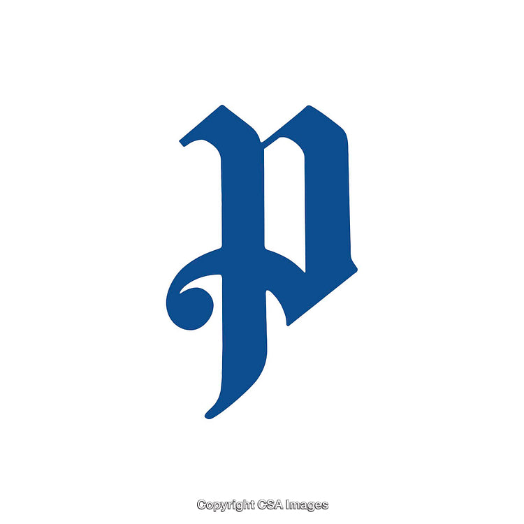 Blue Gothic Letter P With Bold Design Elements on White Background