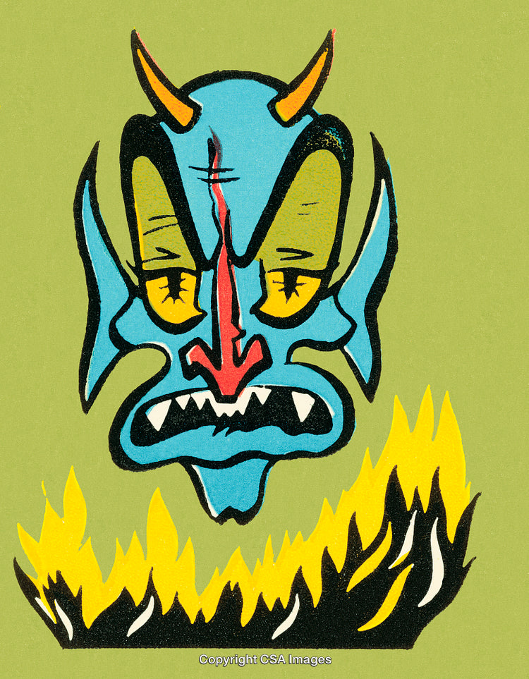 Colorful Abstract Drawing of a Demonic Face Surrounded by Bright Flames