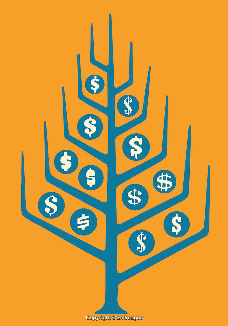Abstract Illustration of a Money Tree with Dollar Symbols on Orange Background