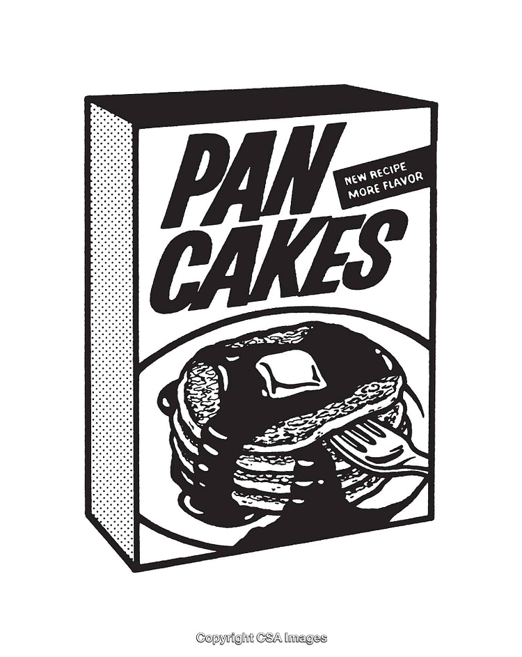Black and White Illustration of Pancake Box with Stack of Fluffy Pancakes