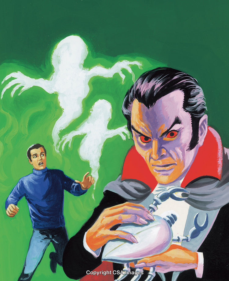 Mysterious Villain Conjuring Ghostly Spirits While Man Reacts in Fear
