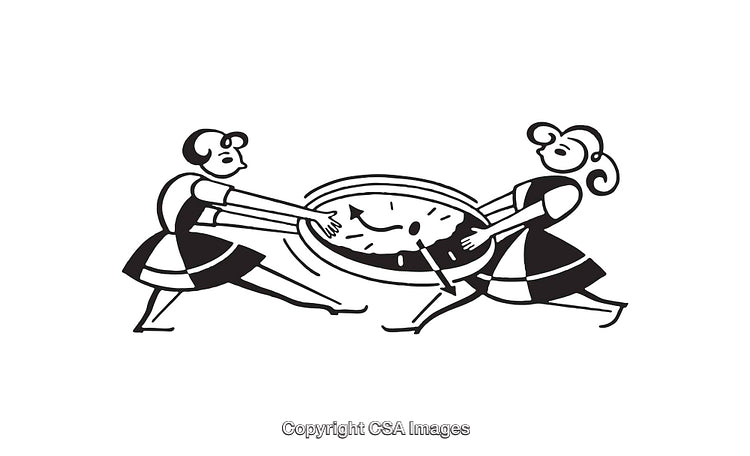 Black And White Illustration of Two People Struggling Over A Clock