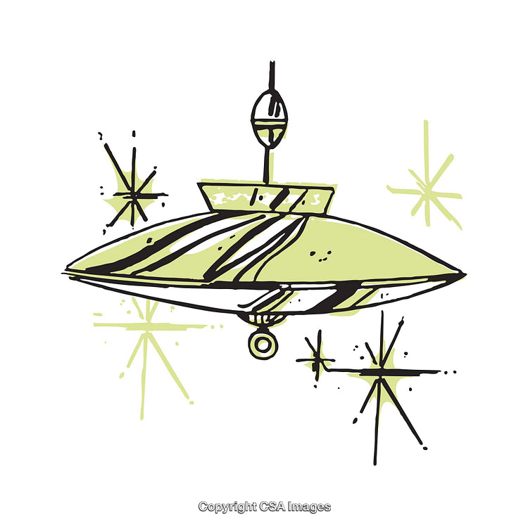 Retro UFO Illustration with Green and Black Spacecraft Design