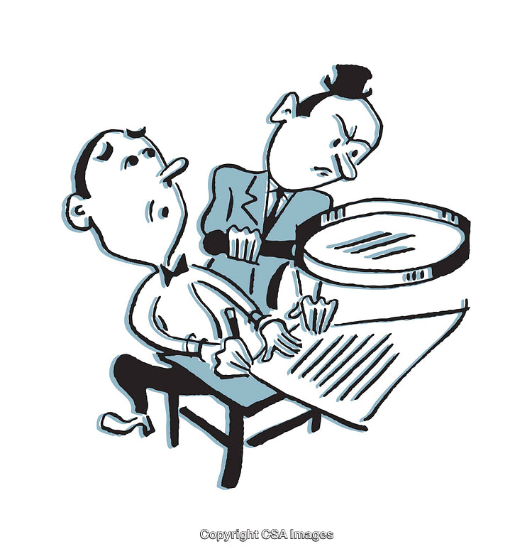 Cartoon Illustration of Person Analyzing Document with Magnifying Glass
