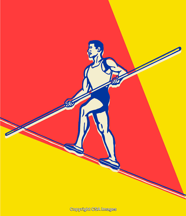 Tightrope Walker Balancing on a Wire in Colorful Illustration