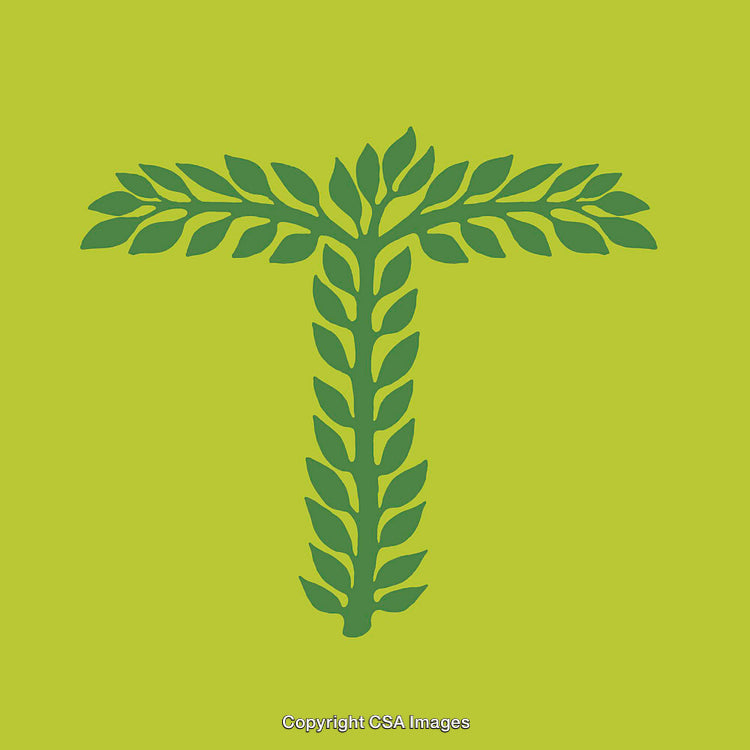 Green Letter T Formed by Symmetrical Leaves on Bright Yellow Background