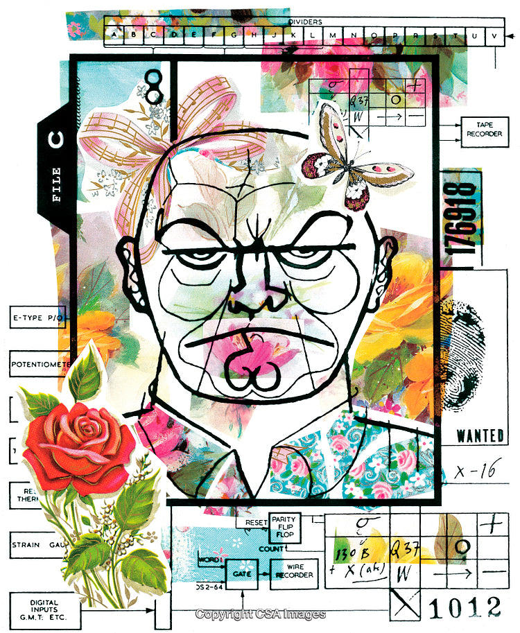 Illustrative Collage Featuring Abstract Portrait, Floral Motifs, and Technical Elements