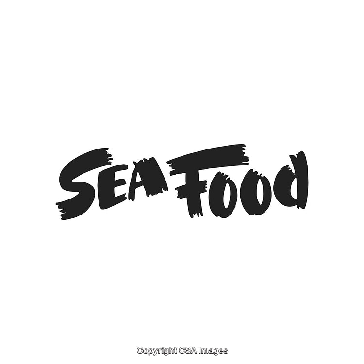 Seafood Text Illustration in Bold Brushstroke Typography on White Background