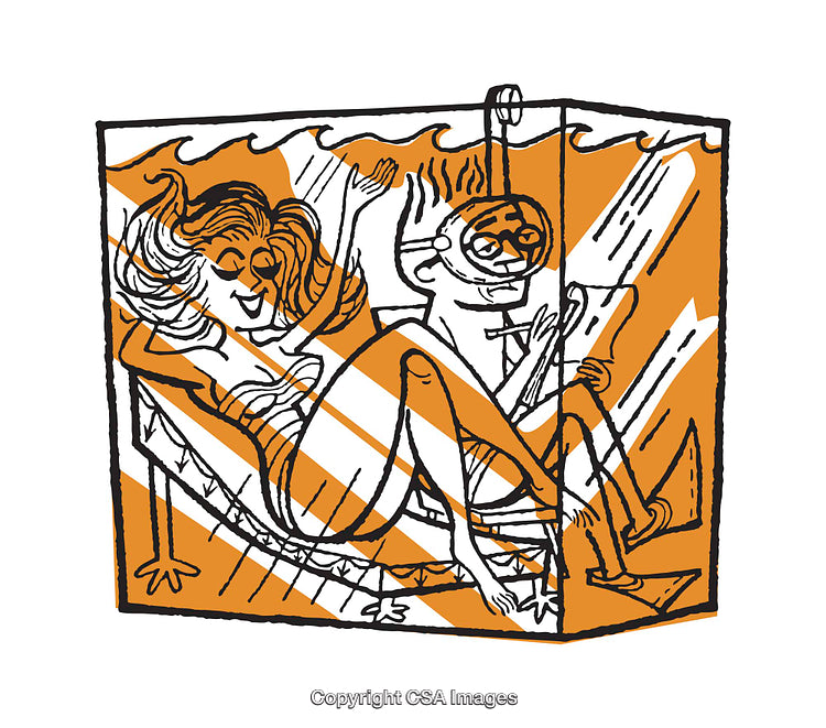 Whimsical Illustration of Two Relaxing Individuals in Vibrant Orange Artwork