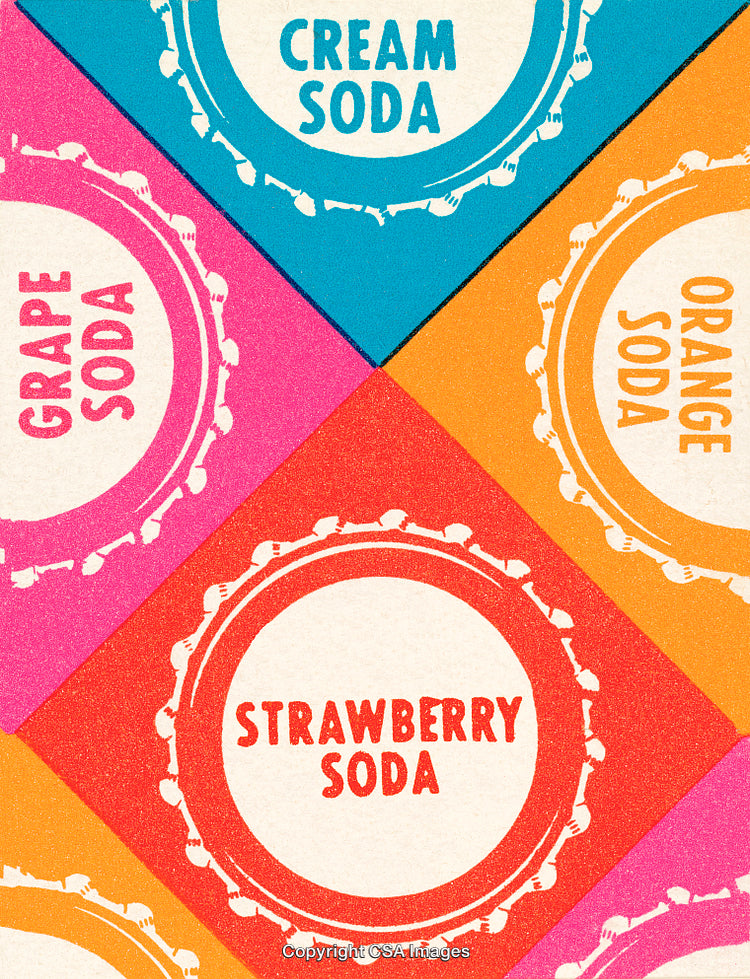 Colorful Soda Label Illustrations Featuring Various Flavors on a Vintage Background