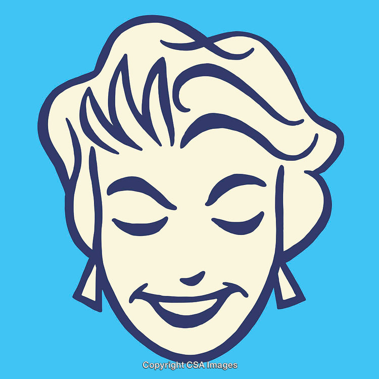 Stylized Pop Art Illustration of a Smiling Woman's Face on Blue Background