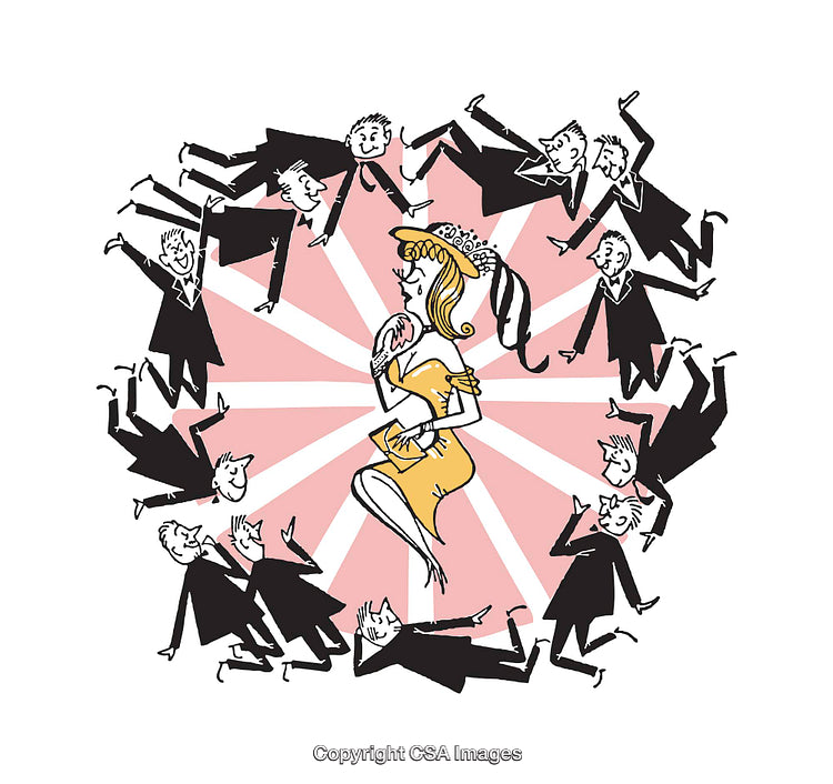 Whimsical Illustration of a Woman Surrounded by Admirers in Retro Style
