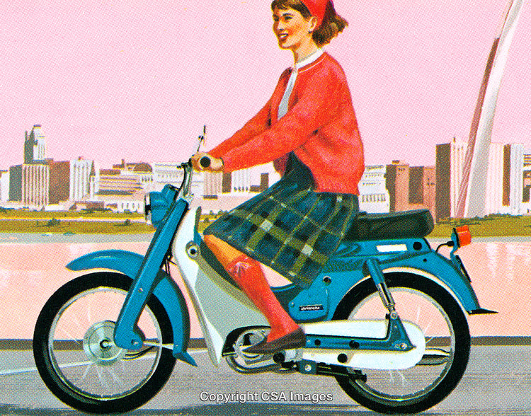 Retro Illustration of Woman Riding a Motor Scooter in a City Landscape