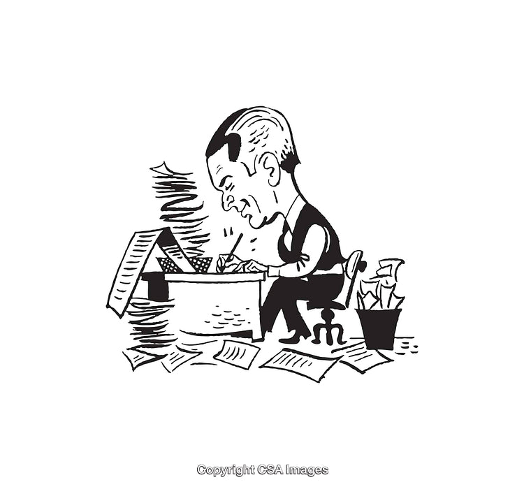 Black and White Illustration of a Man Writing at a Desk