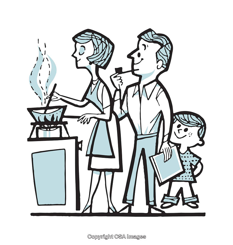 Family Cooking Together in Retro-Style Color Illustration