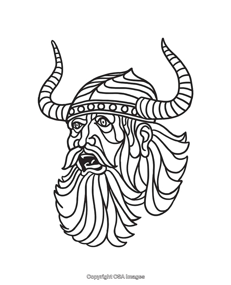 Black and White Line Drawing of a Viking Warrior with Horned Helmet