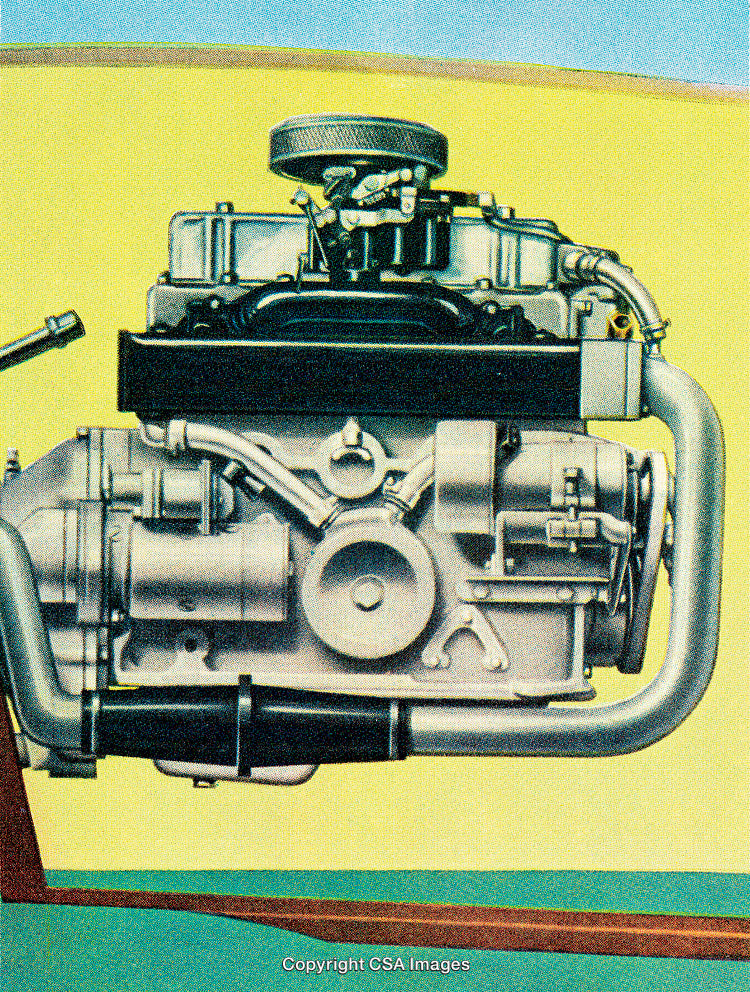 Detailed Illustration of a Classic Internal Combustion Engine on Yellow Background
